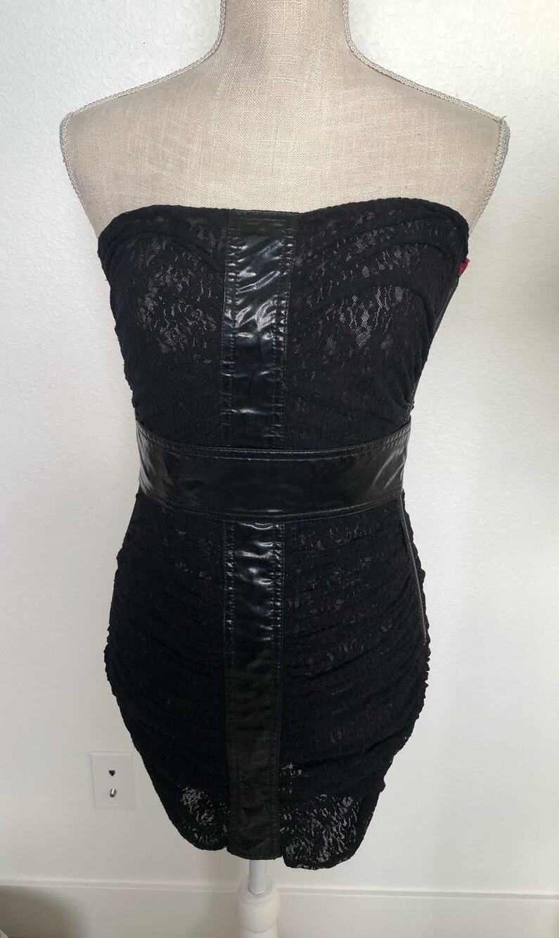 D&G Dolce & Gabbana Black Lace and Vinyl Pink Bow Mini Dress - 42 US 6
